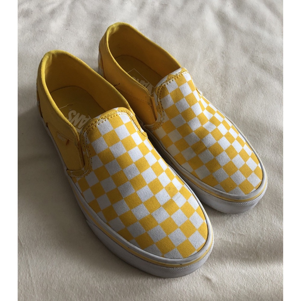 Vans Classic Slip-On Yellow White Checkered Canvas Casual Shoes - US Sz M6.5/W8